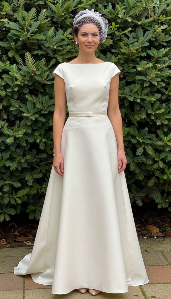 Woman in satin A-line wedding dress with cap sleeves and belt, birdcage veil, pearl earrings, garden setting