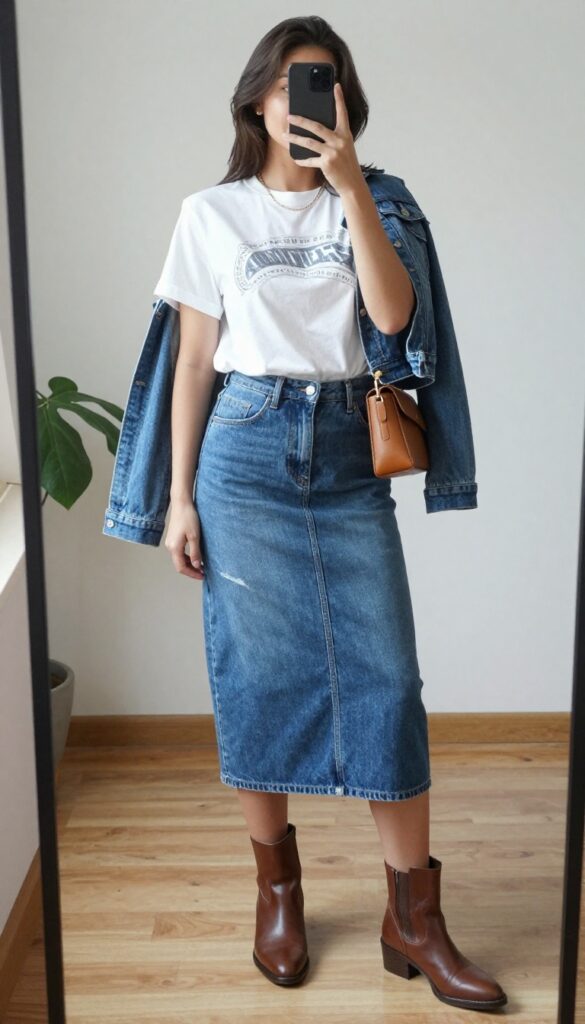 Woman taking a mirror selfie wearing a denim skirt and graphic tee with ankle boots, casual western outfit.