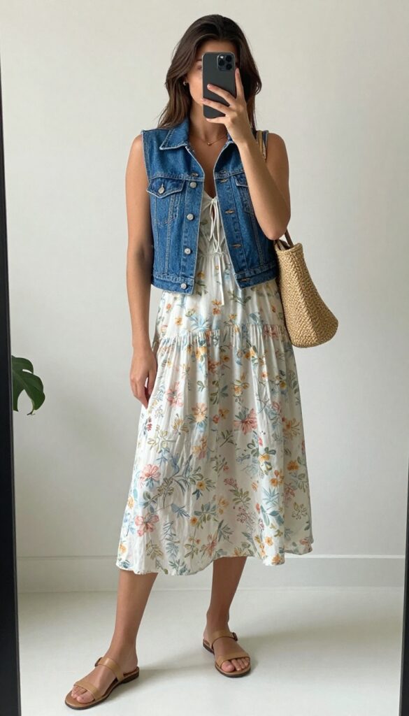Woman in floral midi dress and cropped denim vest taking a mirror selfie, wearing nude sandals and woven bag, bright summer brunch outfit.