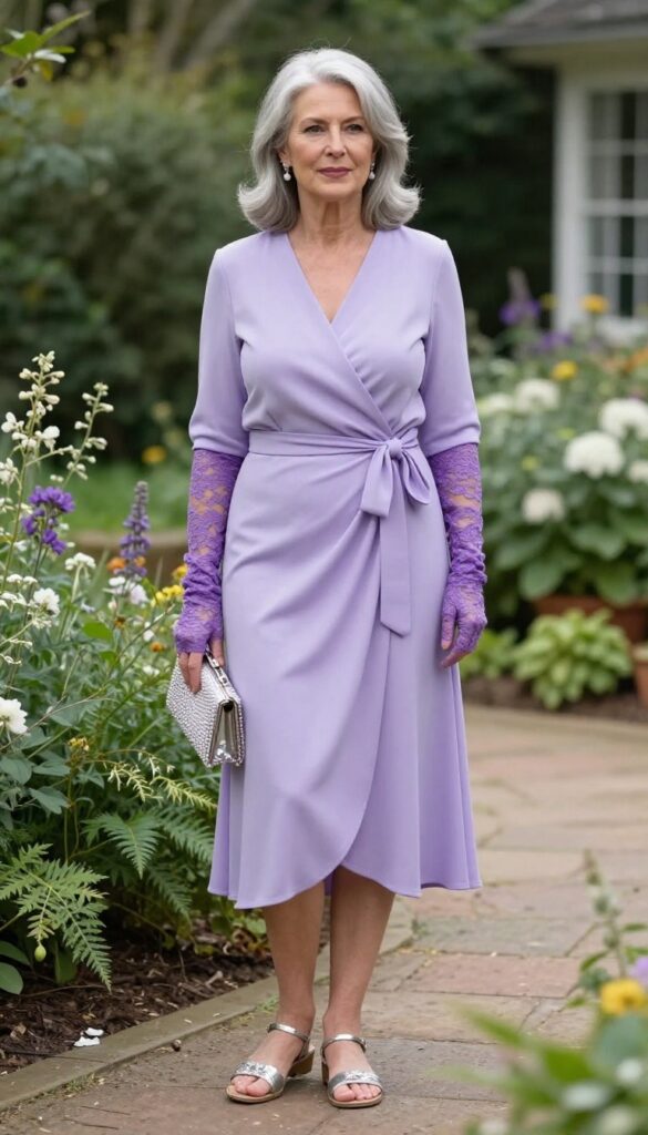 Older woman in lavender wrap dress with elbow-length lace gloves, silver sandals, and beaded clutch in garden