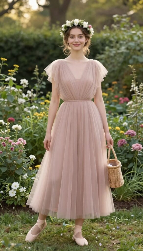 Woman in blush tulle dress and ballet flats at garden wedding
