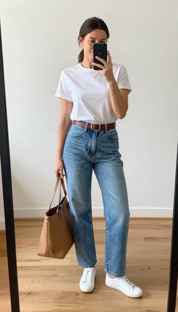 A woman in high-waisted mom jeans and a white tee takes a mirror selfie, holding her phone to partially cover her face. She wears a brown belt, white sneakers, and carries a tan tote bag. The room is bright with natural light.