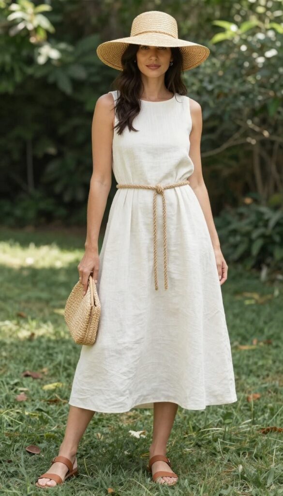 Woman in ivory linen A-line dress with rope belt, leather sandals, and straw hat standing in sunlit garden.