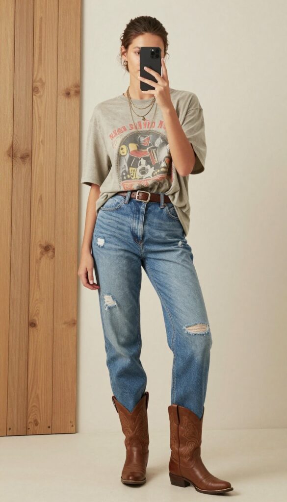 Woman in oversized graphic tee knotted at waist, distressed straight-leg jeans, and brown cowboy boots, taking a mirror selfie with phone partially covering face. Summer concert outfit.