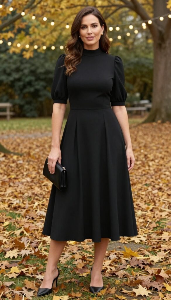 Woman in black high-neck midi dress with bishop sleeves at outdoor fall wedding reception