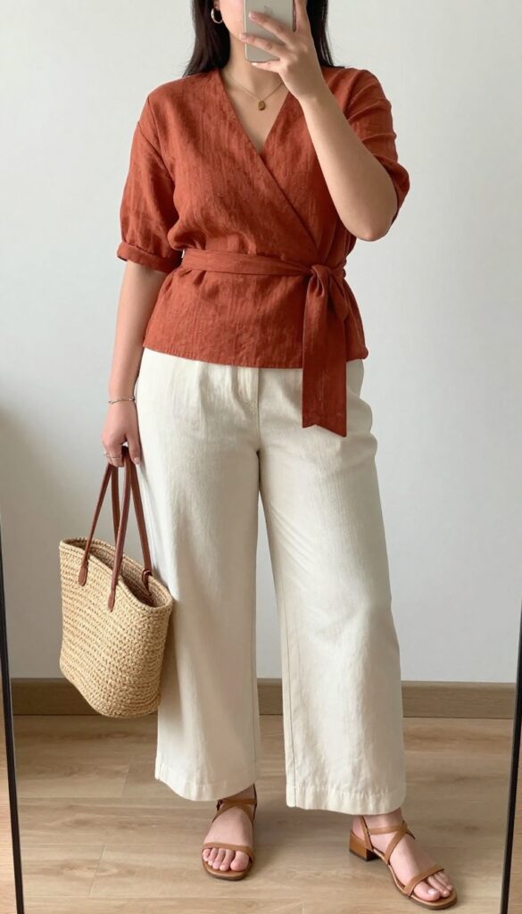 A woman in a rust linen wrap top and cream high-waisted wide-leg pants, posing in a mirror selfie at home.