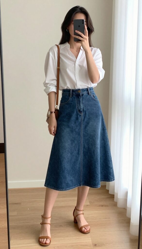 Woman in denim skirt and white blouse taking a mirror selfie, showcasing casual summer dinner outfit.