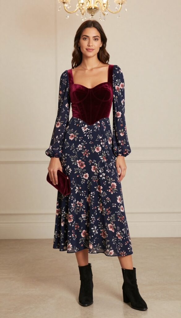 Woman in burgundy velvet corset and navy floral maxi dress with ankle boots in ballroom