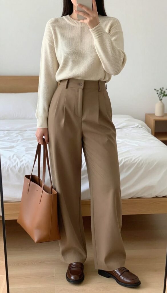 Woman in cream knit sweater and wide-leg trousers, standing in a bright office setting