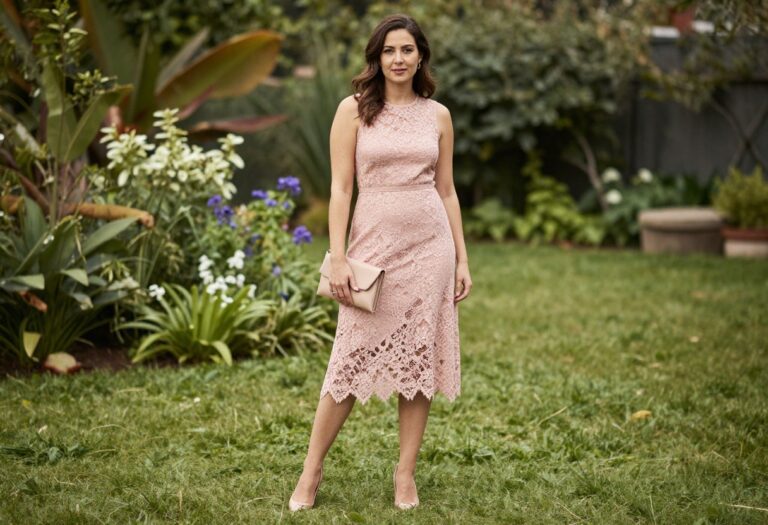 Woman in blush pink lace midi dress with nude heels and clutch in garden setting