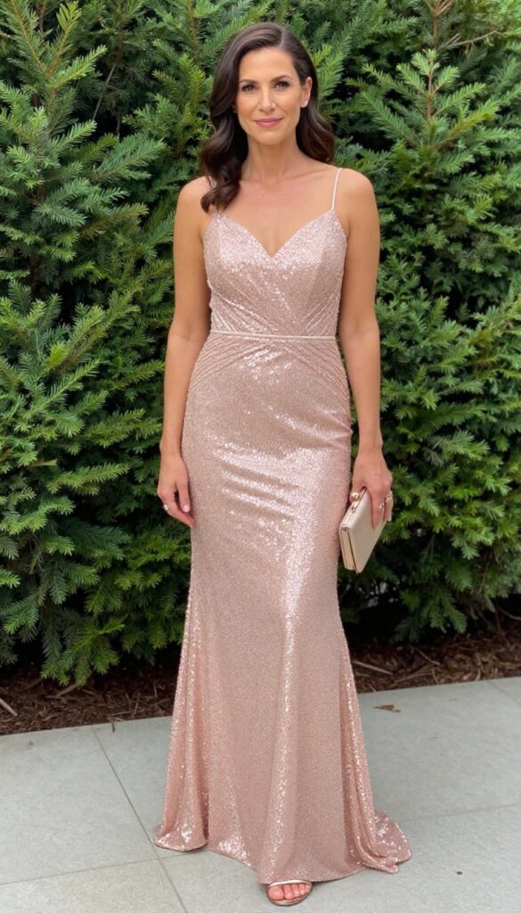 A young adult woman in a rose gold mermaid wedding dress with a sequin bodice, standing in a pastel venue with blush and rose gold accents. She wears rose gold heels and holds a rose gold clutch. Her hair is in a sleek side part with soft waves.
