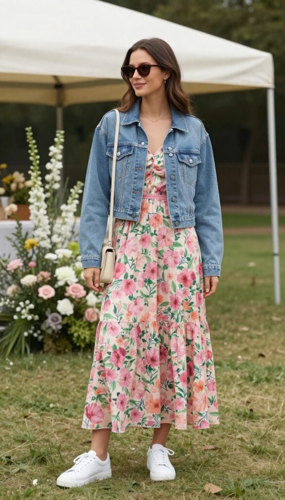 Woman in floral maxi dress with denim jacket and sneakers at garden wedding