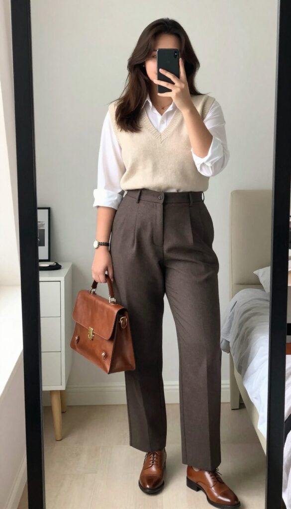 Woman in oxfords, pleated trousers, and sweater vest layered over button-down, holding a leather satchel.