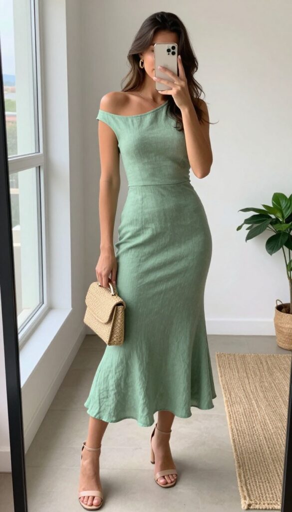 A woman in a sage green off-shoulder dress and nude heeled sandals takes a mirror selfie in a bright room, showcasing a chic summer outfit perfect for date night.
