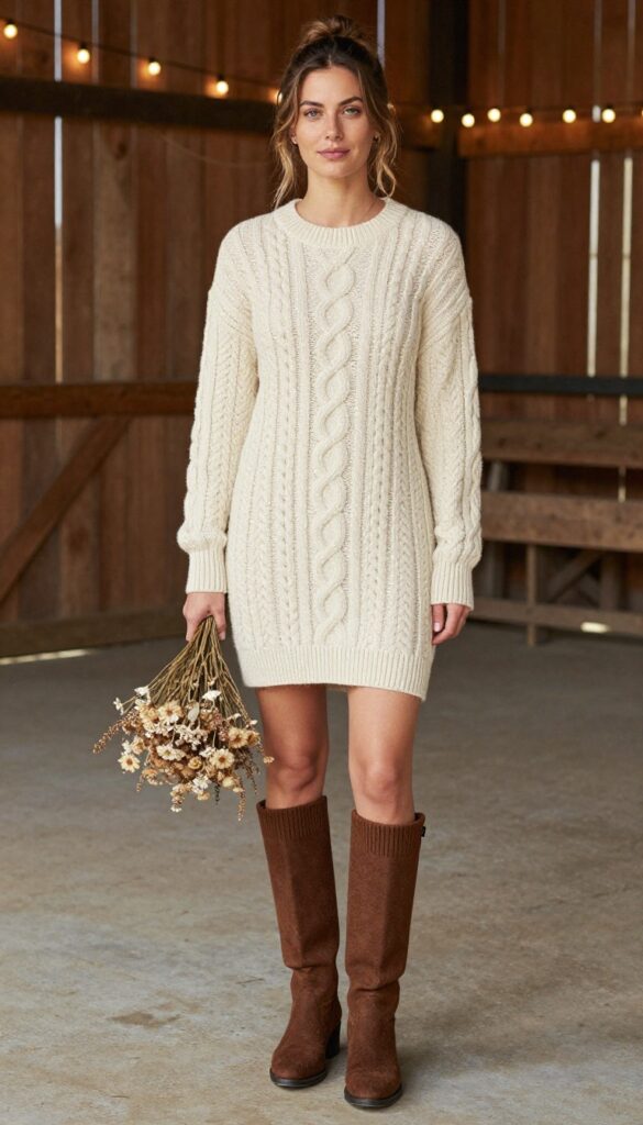 Young woman in cream sweater dress and brown knit boots at rustic barn wedding.