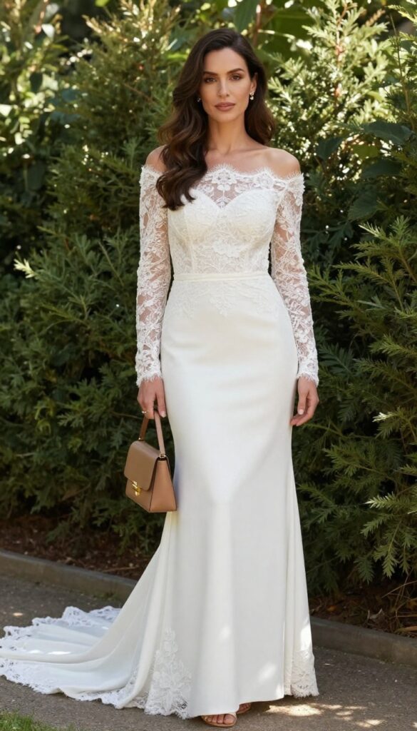 Woman in off-shoulder long sleeve white lace wedding dress with fringe bag in garden