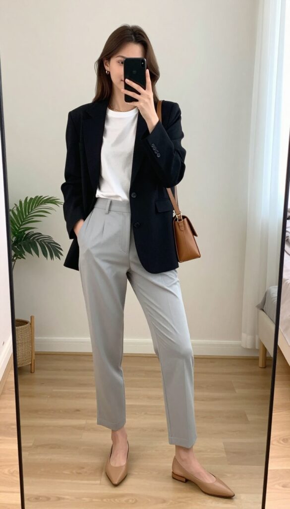 A woman in a black blazer, white tee, and grey tailored pants takes a mirror selfie, showcasing a casual yet polished work outfit.