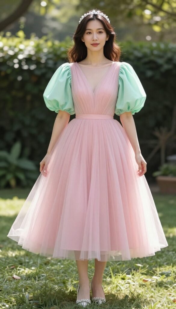 Woman in pink tulle dress with mint green puff sleeves at garden wedding