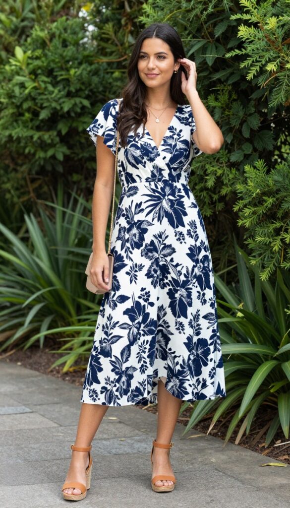 Woman in high-low floral dress with wedge sandals in garden