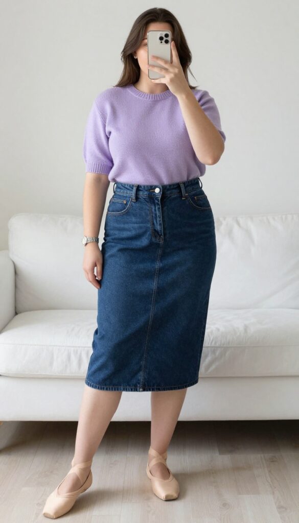 Woman in lavender sweater and dark denim A-line skirt, posing in mirror selfie