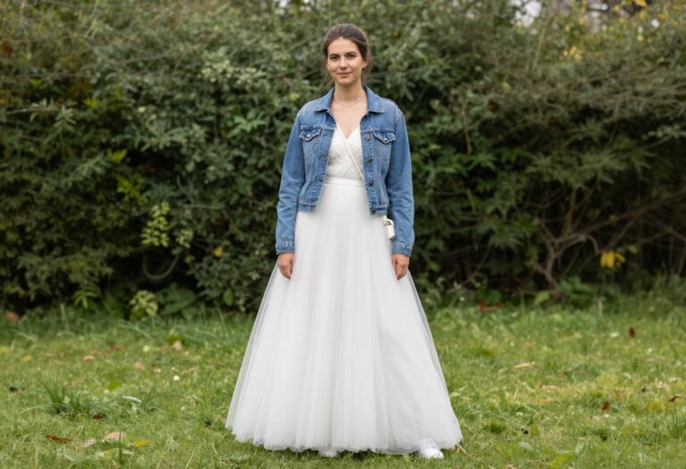 Woman in puffy wedding dress with sneakers and denim jacket in garden