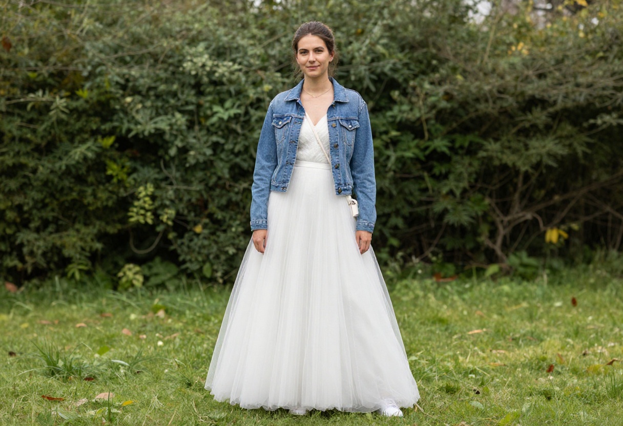 Woman in puffy wedding dress with sneakers and denim jacket in garden