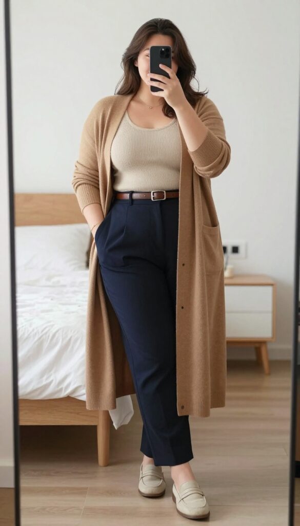 Woman in long camel cardigan and straight-leg trousers, standing by a mirror, holding phone, cozy business casual outfit