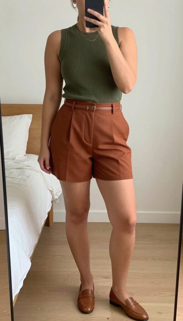 Woman in sleeveless ribbed knit top and high-waisted tailored shorts with loafers, holding a canvas tote, in a bright office or outdoor setting.