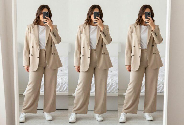 Woman in oversized blazer and wide-leg trousers taking a mirror selfie in bedroom