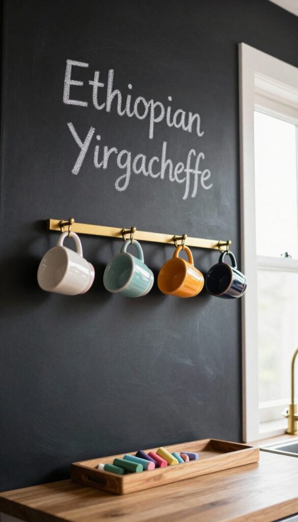 A cozy kitchen coffee station with a chalkboard wall, brass hooks with hanging mugs, and a tray of chalk on the counter.