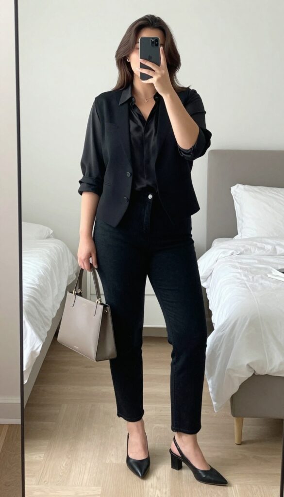 A woman in a tailored vest and flowy blouse with black jeans, posing in a mirror selfie, phone partially covering her face.
