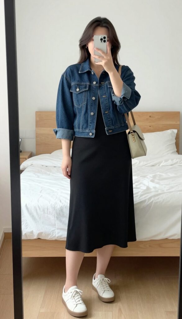 Denim jacket layered over a midi dress with white sneakers and crossbody bag, spring daytime outfit.