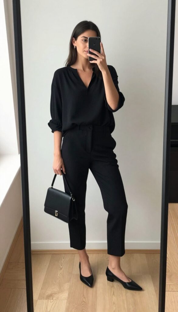A woman in a black blouse and cropped black trousers takes a mirror selfie, showcasing a polished business casual outfit with pointed flats and a crossbody bag.