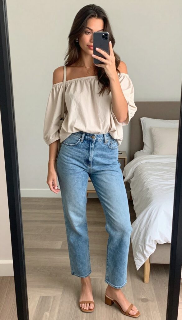 Woman in light wash jeans and off-shoulder top taking a mirror selfie, showcasing a casual summer first date outfit.
