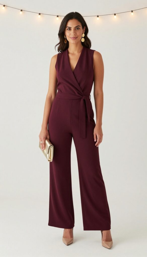 Woman in wine jumpsuit with gold earrings and nude pumps at wedding