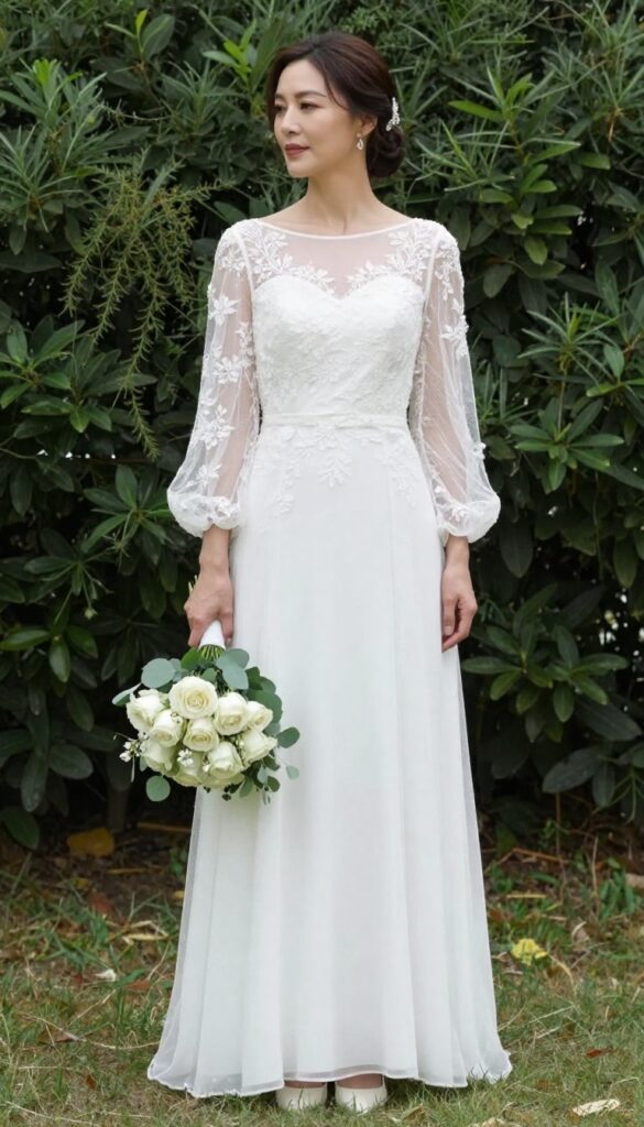 Bride in white cap sleeves wedding dress with sheer illusion long sleeve overlay, standing in sunlit garden holding bouquet