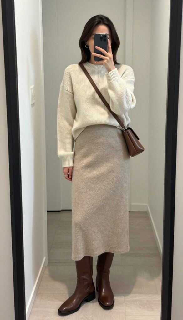 2. Midi Skirt with a Cozy Sweater