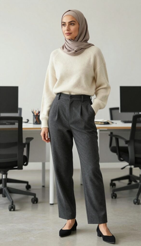 8. Cashmere Sweater + Wool Trousers + Pointed Flats