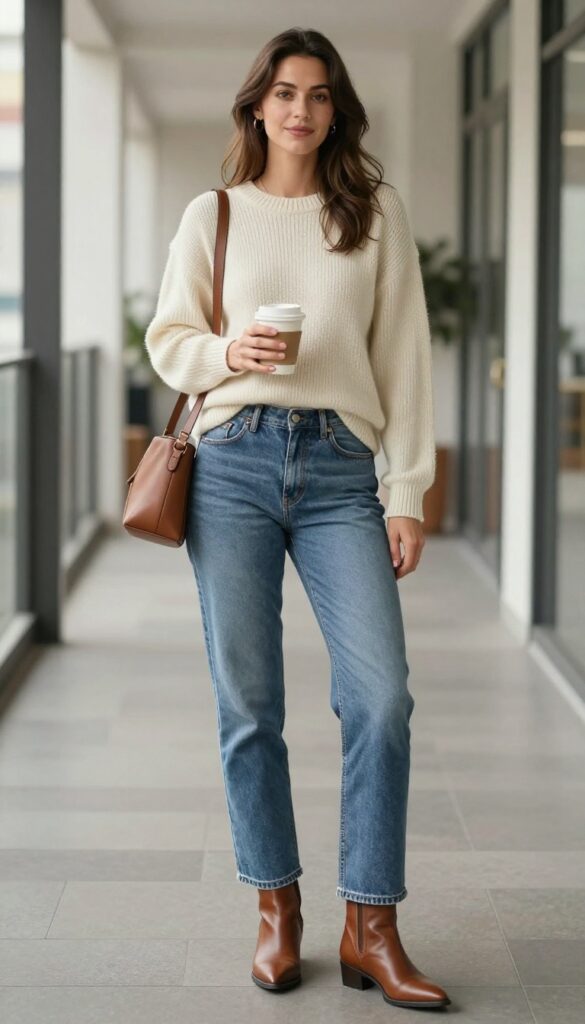 2. Tucked-In Sweater + Straight Leg Jeans + Ankle Boots