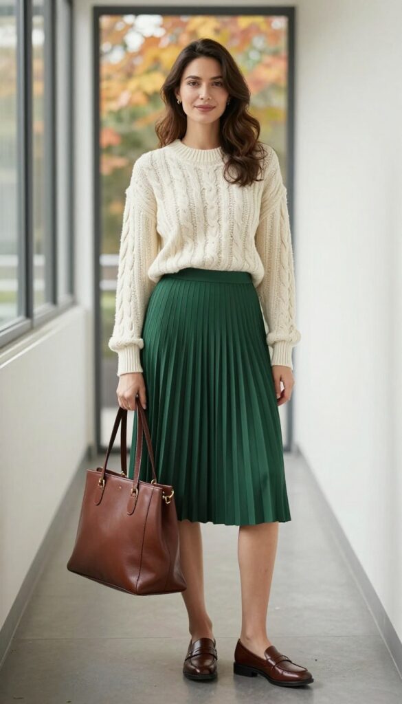 12. Cable Knit Sweater + Pleated Midi Skirt + Loafers