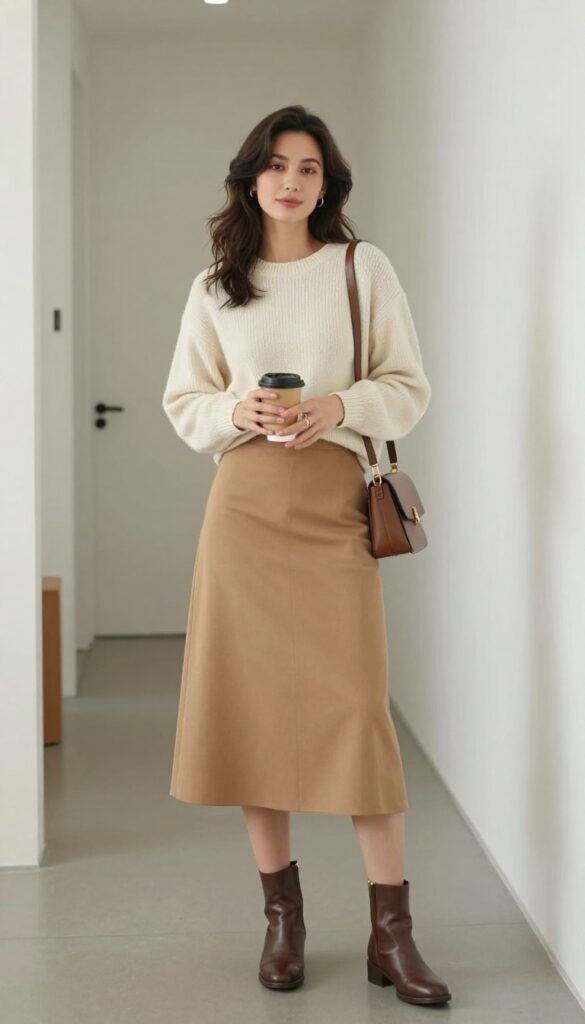 2. A-Line Midi Skirt with a Tucked Knit Sweater