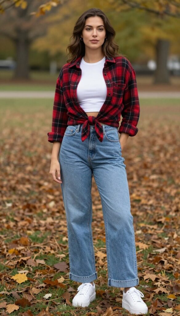 2. Plaid Shirt Tied at the Waist Over a Crop Top and Mom Jeans