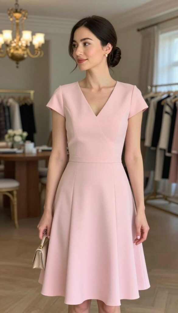 Adult woman in hot pink midi dress with nude pumps, standing in ballroom, elegant wedding guest outfit