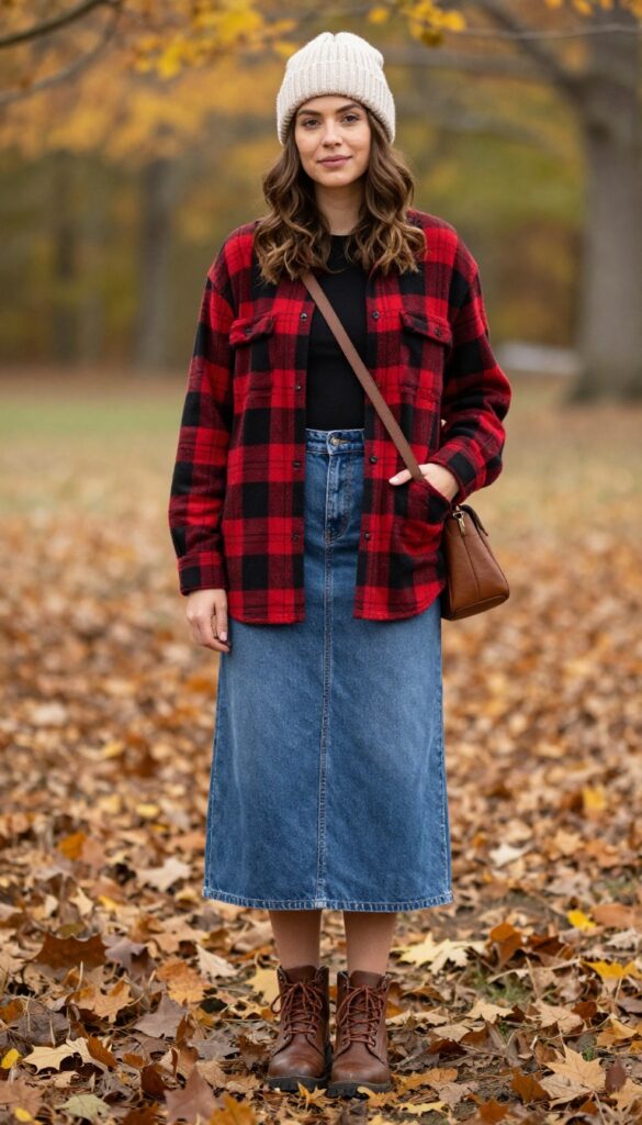 8. Plaid Shirt + Denim Maxi Skirt + Hiking Boots