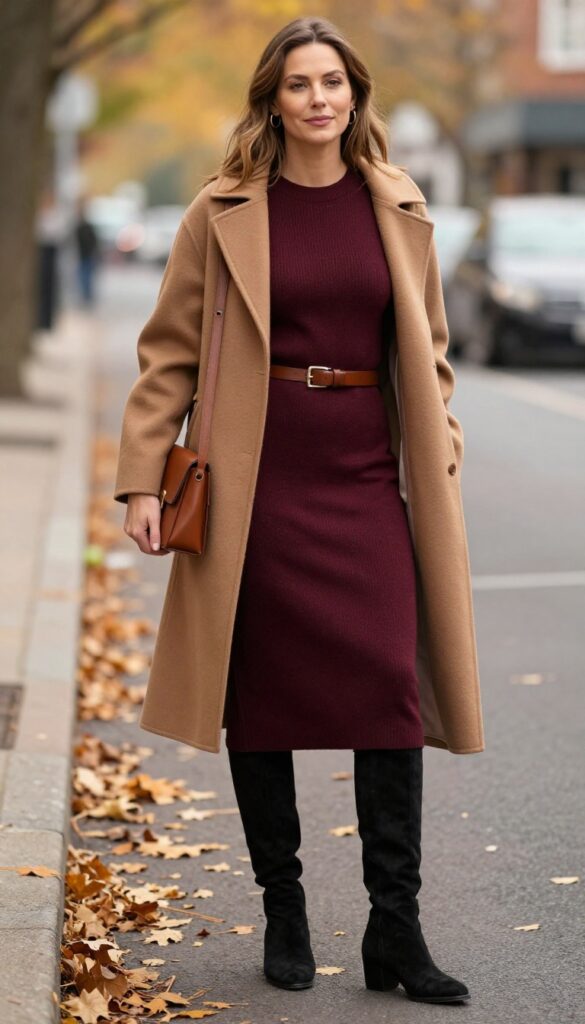 12. Burgundy Knit Dress + Belt + Over-the-Knee Boots