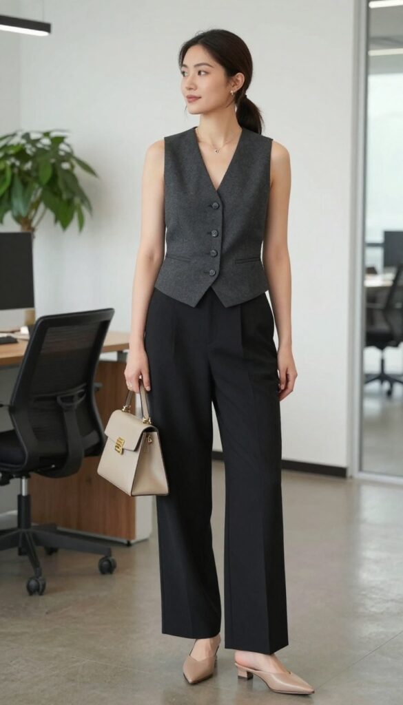 11. Tailored Vest + Wide-Leg Pants + Mules