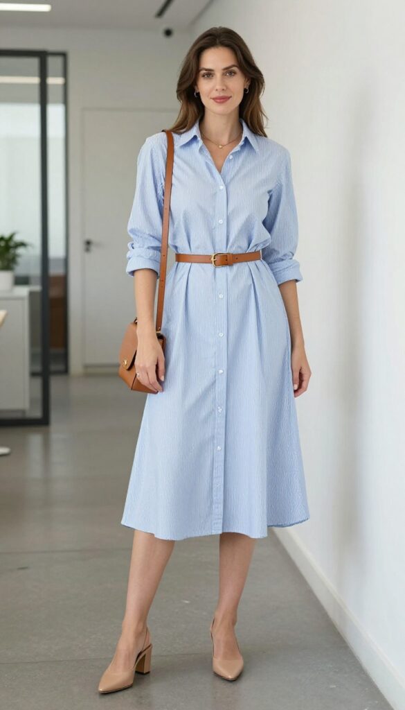 2. The Midi Shirt Dress with a Belt and Block Heels