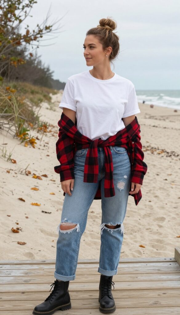 7. Flannel Shirt and Distressed Jeans