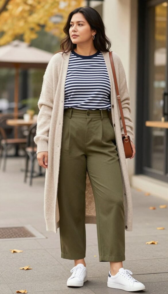 2. Striped Tee with High-Waisted Trousers and a Cardigan