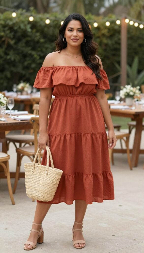 3. Off-Shoulder Ruffled Dress with Woven Bag